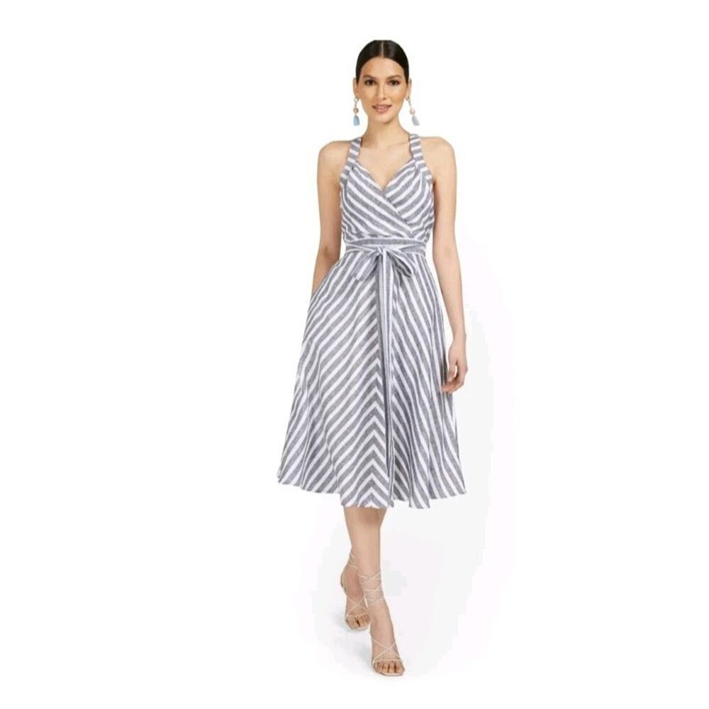 NY & Co Striped Linen Halter Midi Dress Pockets Coastal Nautical Resort M Tall